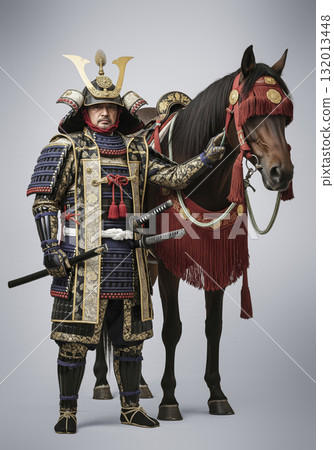 身穿盔甲、牽馬的日本武士 132013448