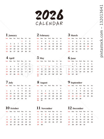 Simple annual calendar, Sunday start, portrait, A4 Simple annual calendar, Sunday start, portrait, A4 132013641
