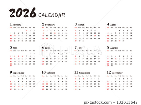 簡單年曆,週日開始,橫向,A4 簡單年曆,週日開始,橫向,A4 132013642