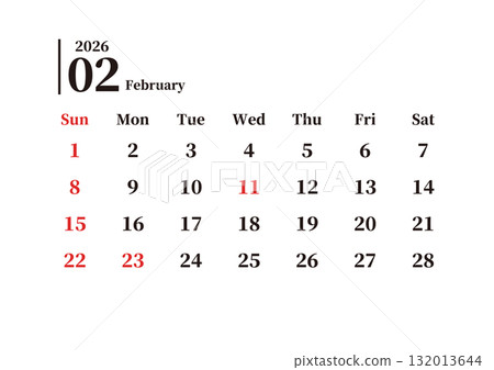 簡單月曆，二月，週日開始，橫向，A4 132013644