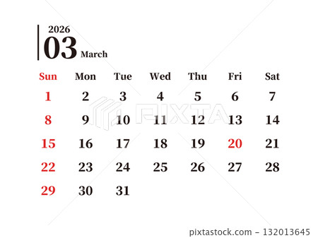 Simple monthly calendar, March, Sunday start, landscape, A4 Simple monthly calendar, March, Sunday start, landscape, A4 132013645