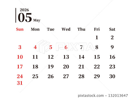 簡單月曆,五月,週日開始,橫向,A4 簡單月曆,五月,週日開始,橫向,A4 132013647