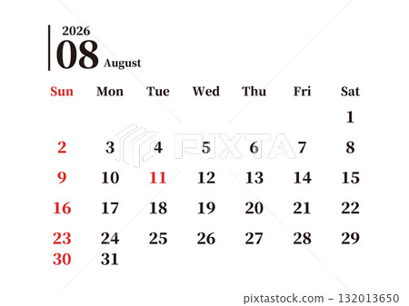 Simple monthly calendar, August, Sunday start, landscape, A4 132013650