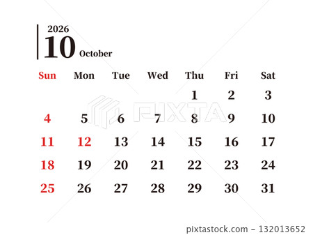 Simple monthly calendar, October, Sunday start, landscape, A4 132013652