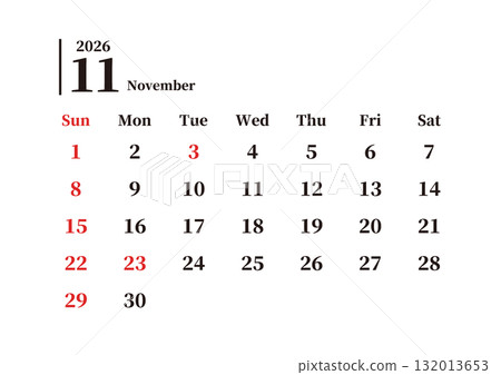 簡單月曆,十一月,週日開始,橫向,A4 簡單月曆,十一月,週日開始,橫向,A4 132013653