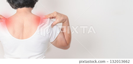 Elderly Woman having Shoulder Pain for Muscle Inflammation and Sprain, Myofascial ache syndrome and Fibromyalgia, Shoulder Myalgia, Scapular Tightness, Cervical Spine, Rheumatism and Health care Elderly Woman having Shoulder Pain for Muscle Inflammation and Sprain, Myofascial ache syndrome and Fibromyalgia, Shoulder Myalgia, Scapular Tightness, Cervical Spine, Rheumatism and Health care 132013662