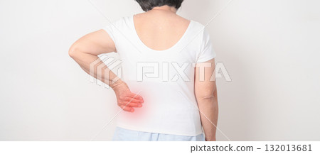 Elderly woman having side and Back Waist pain for Kidney disease, Urinary system and Stones, world Kidney and Cancer day, Chronic kidney, Organ Donor Day and Health care concept Elderly woman having side and Back Waist pain for Kidney disease, Urinary system and Stones, world Kidney and Cancer day, Chronic kidney, Organ Donor Day and Health care concept 132013681