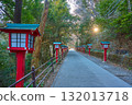 The red lantern at Joshinmon Gate of Yakuo-in Temple in Takao-cho (Mount Takao) in Hachioji City, Tokyo, illuminated by the setting sun 132013718