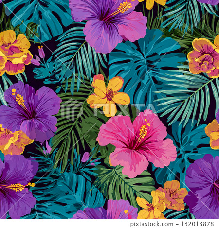 Vibrant Tropical Floral Pattern with Hibiscus and Monstera Leaves 132013878