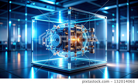 Mechanical AI Core Rotating Inside Transparent Cube. AI themed Background. Generated Image 132014068