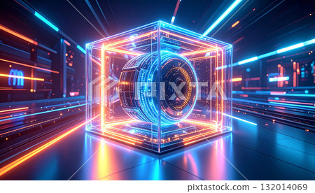 Mechanical AI Core Rotating Inside Transparent Cube. AI themed Background. Generated Image 132014069