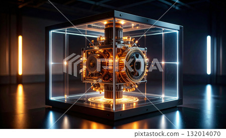 Mechanical AI Core Rotating Inside Transparent Cube. AI themed Background. Generated Image 132014070