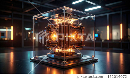 Mechanical AI Core Rotating Inside Transparent Cube. AI themed Background. Generated Image 132014072