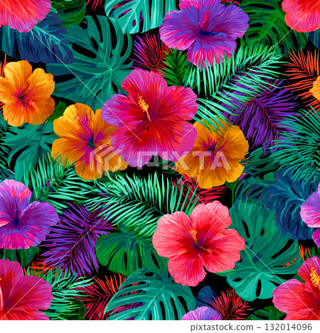 Vibrant Tropical Floral Pattern with Hibiscus and Monstera Leaves 132014096