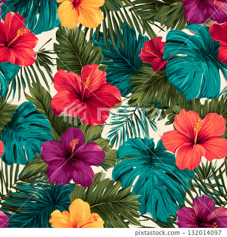 Vibrant Tropical Floral Pattern with Hibiscus and Monstera Leaves 132014097