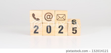 Happy New Year 2026 block for Contact Us concepts. Wood block of Email, call Phone and Website Address sign. For Customer support hotline, business Marketing, Corporate, communication and Advertising 132014121