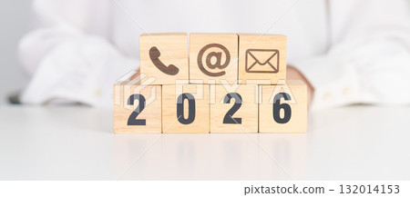 Happy New Year 2026 block for Contact Us concepts. Wood block of Email, call Phone and Website Address sign. For Customer support hotline, business Marketing, Corporate, communication and Advertising Happy New Year 2026 block for Contact Us concepts. Wood block of Email, call Phone and Website Address sign. For Customer support hotline, business Marketing, Corporate, communication and Advertising 132014153