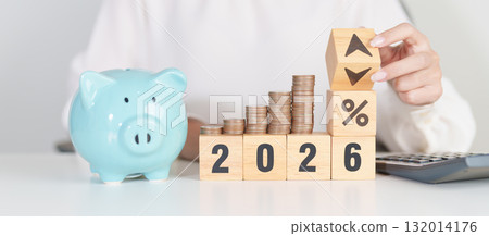 2026 New year with percentage change to UP and Down arrow with coin stack. Interest rate, GDP, stocks market, financial, deflation and Inflation, mortgage, debt, Loan and Economic Recession 132014176