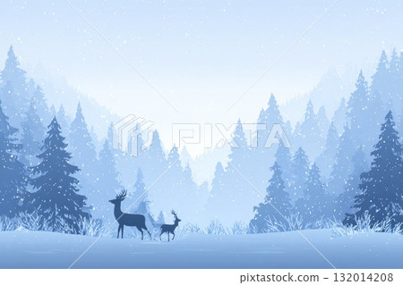 Silhouette of deer standing in snowy forest landscape with mountains and soft snowfall ambiance 132014208