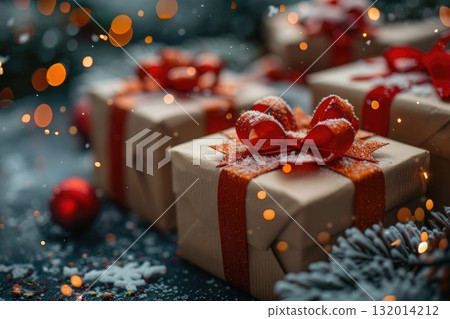 Festively wrapped gift boxes adorned with red ribbons and snowflakes on a winter background Festively wrapped gift boxes adorned with red ribbons and snowflakes on a winter background 132014212