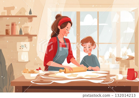 Mother and child baking together in a cozy kitchen, rolling dough with joy and laughter Mother and child baking together in a cozy kitchen, rolling dough with joy and laughter 132014213