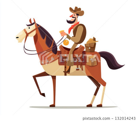 Cowboy riding a horse with saddle bags, showcasing a classic western adventure theme 132014243