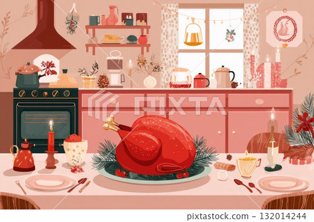 Festive kitchen scene with roasted turkey centerpiece and holiday decorations for celebration 132014244