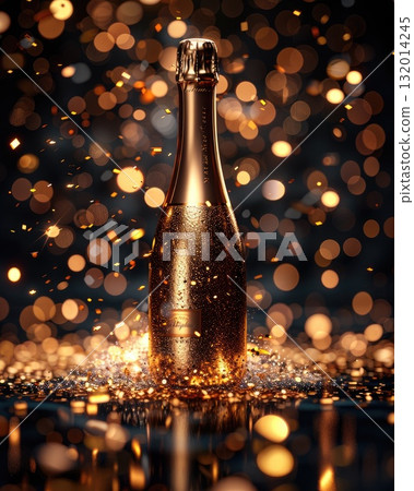 Sparkling champagne bottle surrounded by shimmering golden bokeh lights creating festive atmosphere Sparkling champagne bottle surrounded by shimmering golden bokeh lights creating festive atmosphere 132014245
