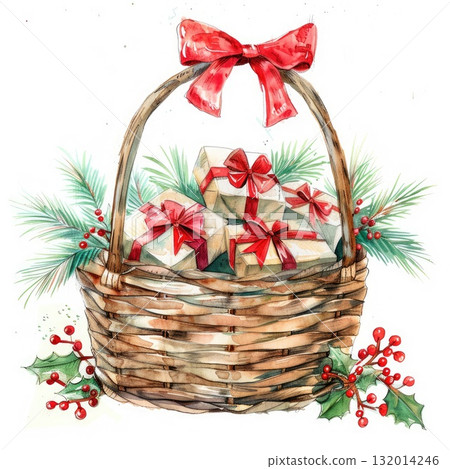 Festive wicker basket filled with beautifully wrapped gifts and holiday greenery accents Festive wicker basket filled with beautifully wrapped gifts and holiday greenery accents 132014246