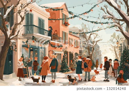Winter street scene with people enjoying festive decorations and snow-covered surroundings Winter street scene with people enjoying festive decorations and snow-covered surroundings 132014248