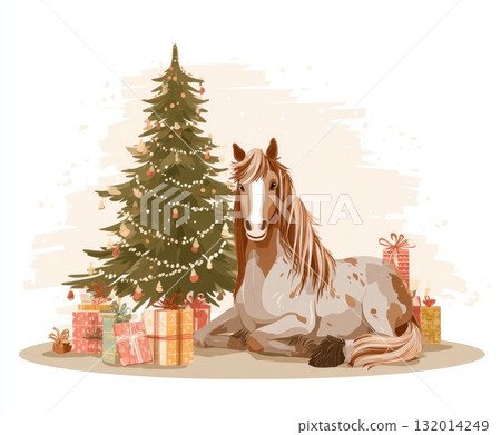Festive horse resting beside decorated Christmas tree with colorful presents around Festive horse resting beside decorated Christmas tree with colorful presents around 132014249