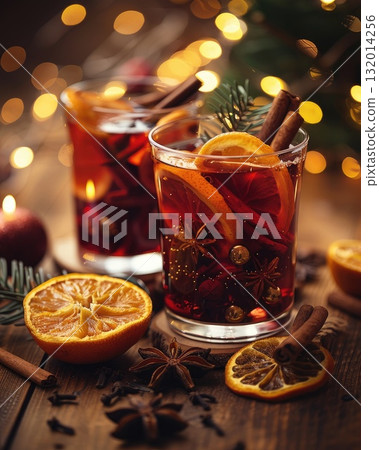 Festive holiday drinks with spices and citrus garnishes on a rustic wooden table Festive holiday drinks with spices and citrus garnishes on a rustic wooden table 132014256