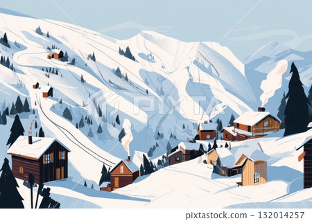 Winter landscape illustration featuring cozy cabins nestled in snowy mountains with trails Winter landscape illustration featuring cozy cabins nestled in snowy mountains with trails 132014257
