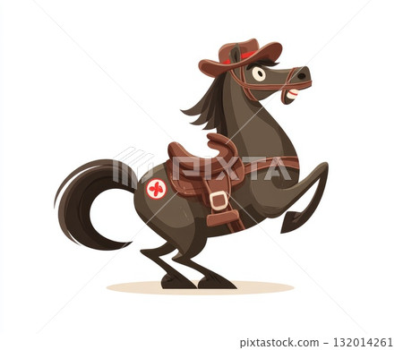 Cartoon horse in cowboy hat rearing up with saddle, showcasing playful western spirit 132014261