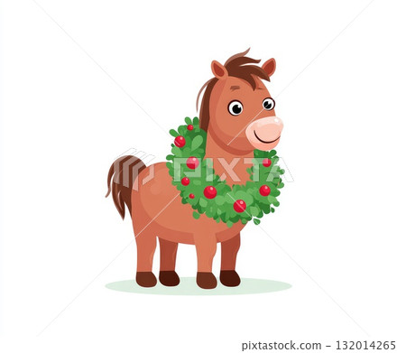 Cute cartoon pony wearing a festive wreath with red berries and green leaves for holiday cheer Cute cartoon pony wearing a festive wreath with red berries and green leaves for holiday cheer 132014265