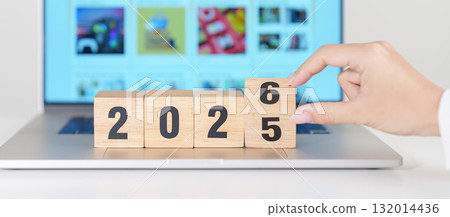 2025 end year to Happy New Year 2026 block against laptop background. Hiring, recruitment, job, Social Media, SEO, Search Engine Optimization and New Year concepts 2025 end year to Happy New Year 2026 block against laptop background. Hiring, recruitment, job, Social Media, SEO, Search Engine Optimization and New Year concepts 132014436