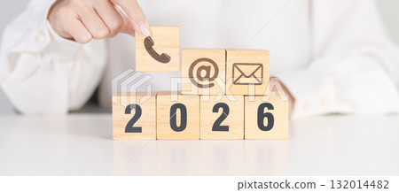 Happy New Year 2026 block for Contact Us concepts. Wood block of Email, call Phone and Website Address sign. For Customer support hotline, business Marketing, Corporate, communication and Advertising Happy New Year 2026 block for Contact Us concepts. Wood block of Email, call Phone and Website Address sign. For Customer support hotline, business Marketing, Corporate, communication and Advertising 132014482