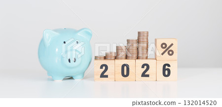2026 New year with percentage change to UP and Down arrow with coin stack. Interest rate, GDP, stocks market, financial, deflation and Inflation, mortgage, debt, Loan and Economic Recession 132014520