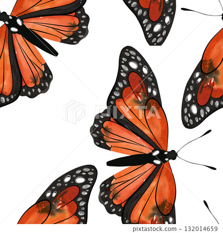 Monarch butterfly or Danaus plexippus. Seamless watercolor pattern for printing on fabric, textiles, wrapping paper, bags, notebooks and notepads. Fashion ss26 Monarch butterfly or Danaus plexippus. Seamless watercolor pattern for printing on fabric, textiles, wrapping paper, bags, notebooks and notepads. Fashion ss26 132014659