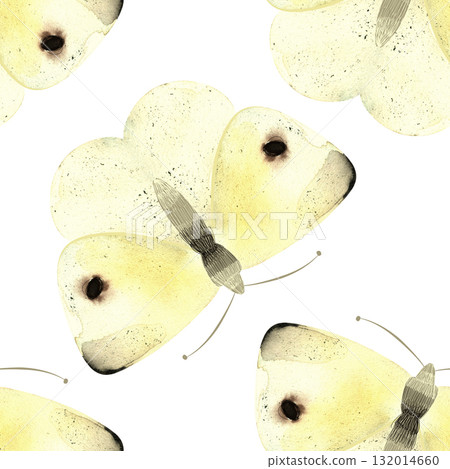 Cabbage White Butterfly or Pieris Rapae. Seamless watercolor pattern for printing on fabric, textiles, wrapping paper, bags, notebooks and notepads. Cabbage White Butterfly or Pieris Rapae. Seamless watercolor pattern for printing on fabric, textiles, wrapping paper, bags, notebooks and notepads. 132014660