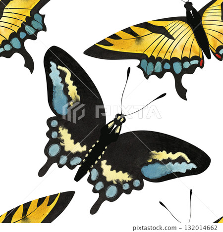 Butterfly. Black swallowtail, Eastern tiger swallowtail. Seamless watercolor pattern for printing on fabric, textiles, wrapping paper, bags, notebooks and notepads. 132014662