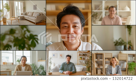 Remote work scene with diverse members connected through online meetings Remote work scene with diverse members connected through online meetings 132014722