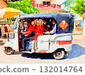 Smiling Tuktuk tricycles in Phnom Penh, Cambodia | Watercolor illustration of freedom and peace 132014764