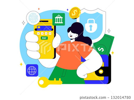 Digital Banking Security Vector Illustration Featuring Secure Payment System for Online Transactions, Investment and Financial Assets Safely 132014780