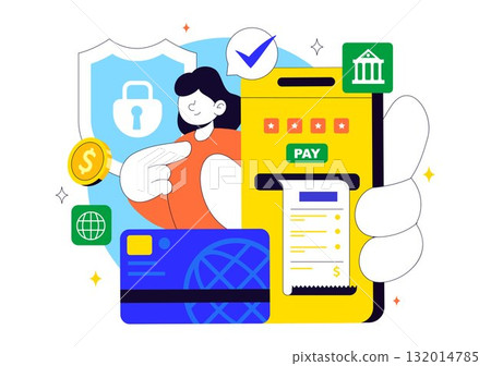 Digital Banking Security Vector Illustration Featuring Secure Payment System for Online Transactions, Investment and Financial Assets Safely 132014785