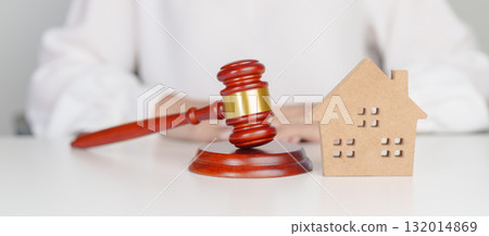 Real Estate Law, Home Insurance, property Tax, Auction and Bidding concepts. small toy house model with gavel justice hammer on desk in courthouse 132014869