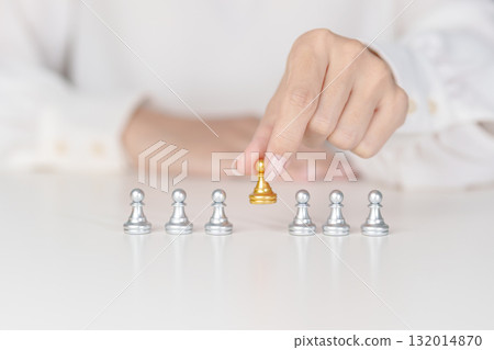 Hand hold golden chess pawn pieces or leader businessman stand out of crowd people of silver men. leadership, business, team, teamwork and Human resource management concept Hand hold golden chess pawn pieces or leader businessman stand out of crowd people of silver men. leadership, business, team, teamwork and Human resource management concept 132014870