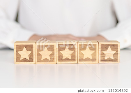 hand show Star block. Customer choose rating for user reviews. Service rating, ranking, customer review, satisfaction, evaluation and feedback concept 132014892
