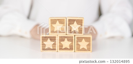 hand show Star block. Customer choose rating for user reviews. Service rating, ranking, customer review, satisfaction, evaluation and feedback concept 132014895