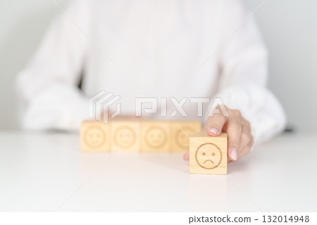 Woman show Unhappy Sad face block, Mental health Assessment, Psychology, Health Wellness, Feedback, Customer Review, Experience, Satisfaction Survey, Negative Thinking and World Mental Health day 132014948